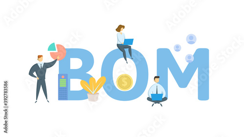 BOM, Bill of Materials. Concept with keywords, people and icons. Flat vector illustration. Isolated on white background.