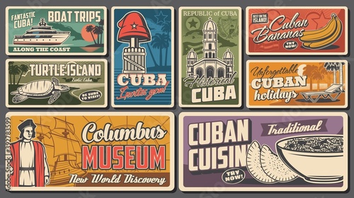 Travel to Cuba retro vector banners. Boat trip along coast, columbus museum and cuban cuisine, historical landmarks and famous places. Tourism and traveling to exotic country, vintage cards design