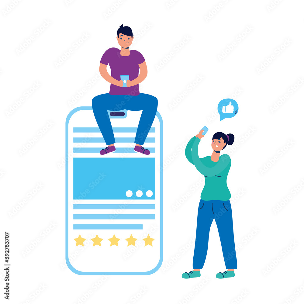 young couple chatting with smartphones young couple chatting with smartphones