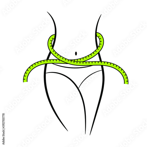 Silhouette of a girl and a measuring tape on a white background, sign for design, vector illustration