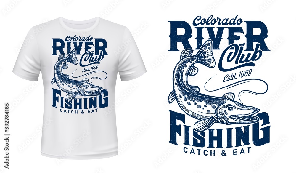 Pike on rod line t-shirt vector print. Northern pike, river or
