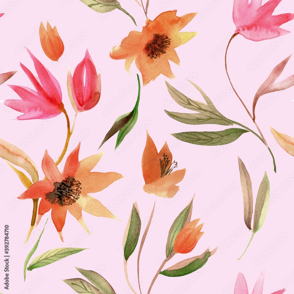 Seamless pattern with abstract flowers on a pink. Watercolor hand painted background