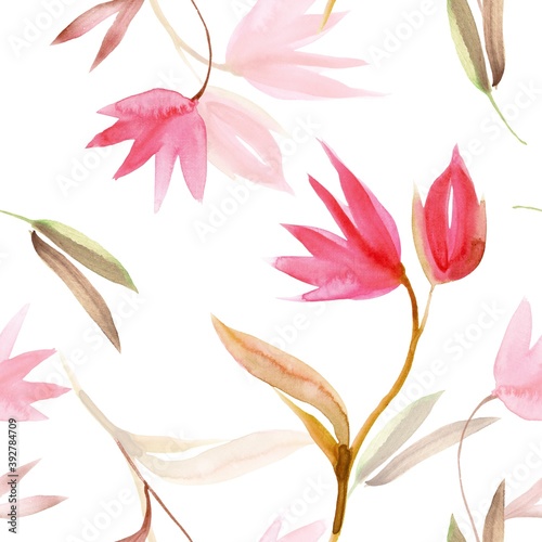 Seamless pattern with pink watercolor flowers on a white. Hand painted background