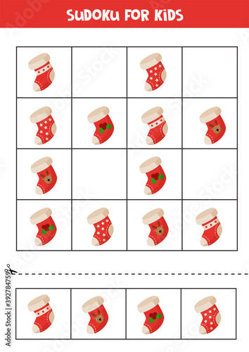Sudoku for kids with Christmas socks. Educational logical game for kids.