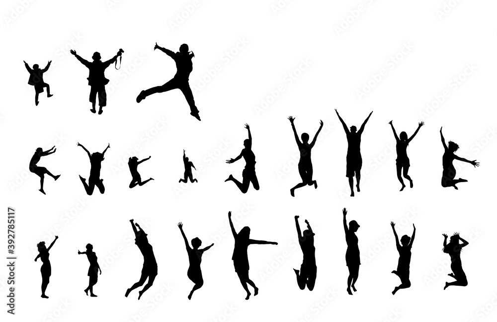 view silhouette many human jumping action isolated on white background.