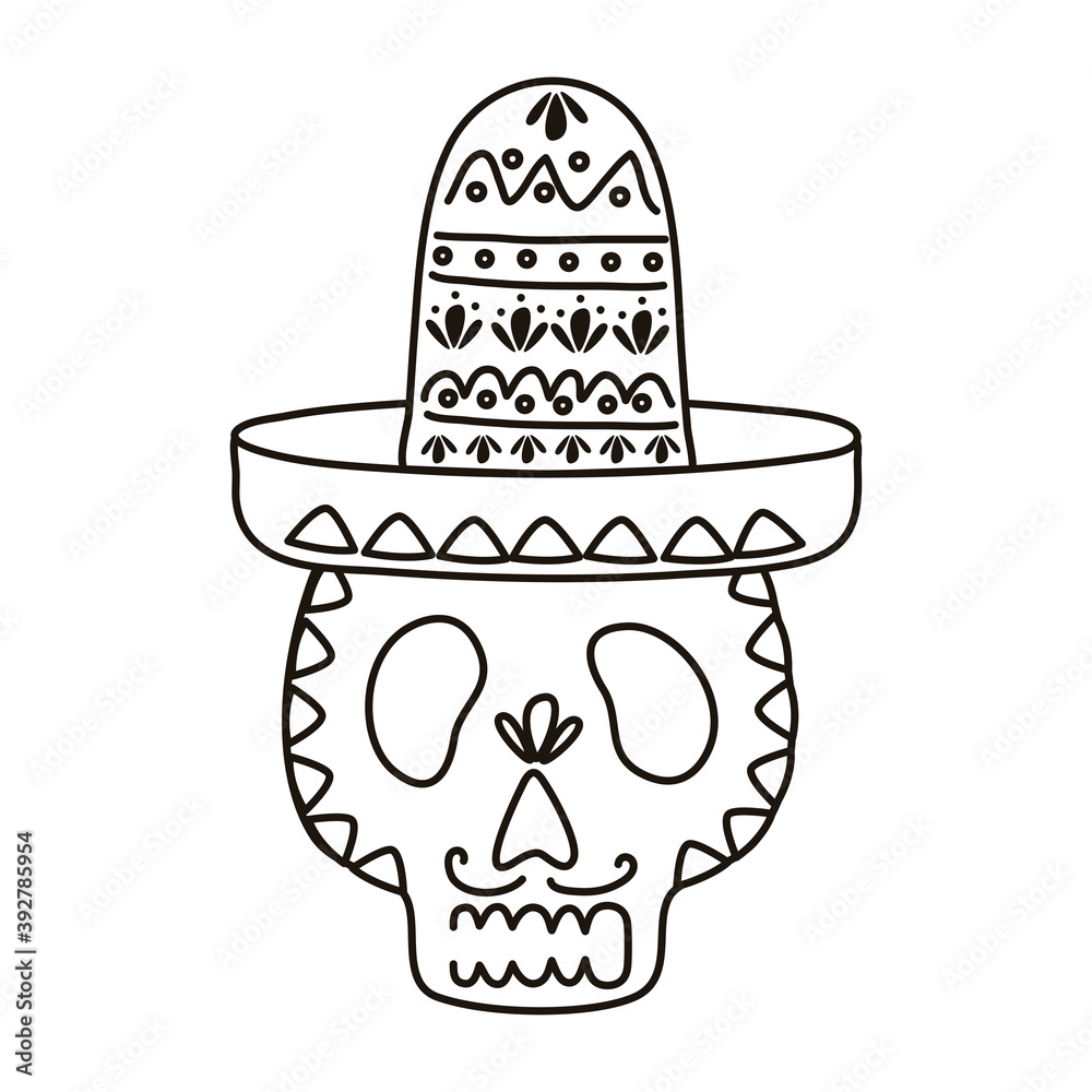 dia de los muertos skull painted wearing mexican hat line style dia de los muertos skull painted wearing mexican hat line style