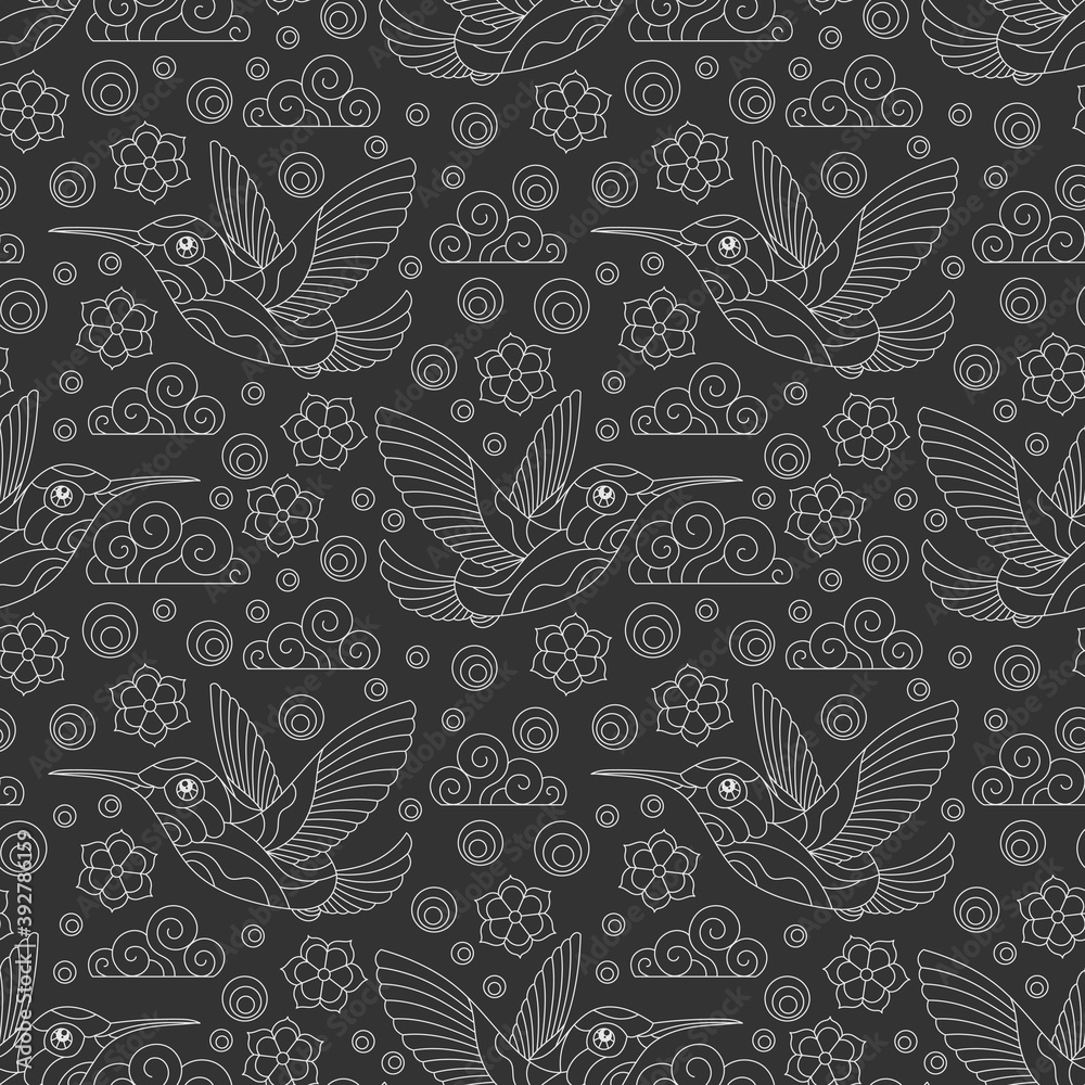 Seamless pattern with Hummingbird birds, clouds and flowers, light contour birds on a dark  background
