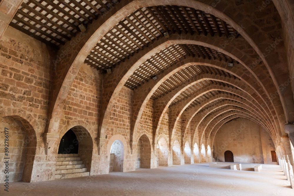 Unique architecture of ancient monastic dormitory in Monastery of Santa Maria de Santes Creus, Catalonia, Spain