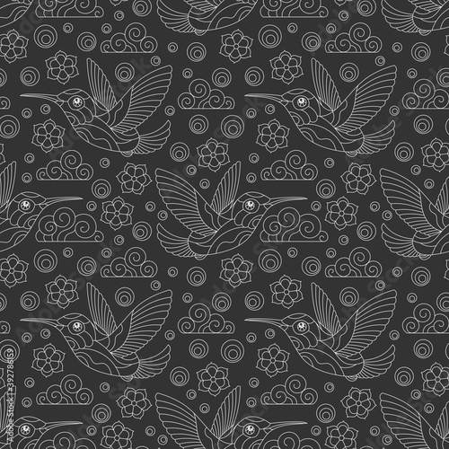 Seamless pattern with Hummingbird birds, clouds and flowers, light contour birds on a dark  background