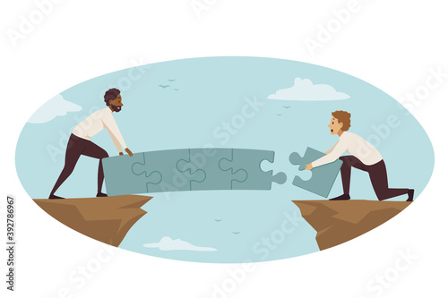 Partnership, connection, business concept. Team of african american businessmen managers partners assembling jugsaw puzzles building bridge together. Teamwork cooperation and coworking collaboration.