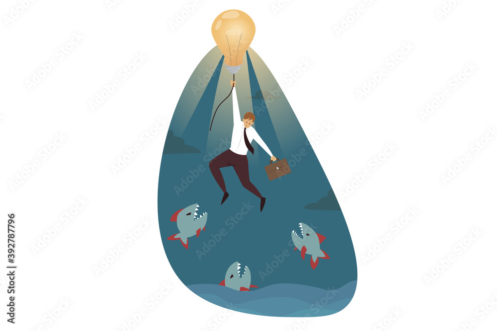 Business idea, danger, rescue concept. Scared terrified businessman clerk manager cartoon character saving from fish piranha predators holding light bulb. Escaping from trouble problem illustration.