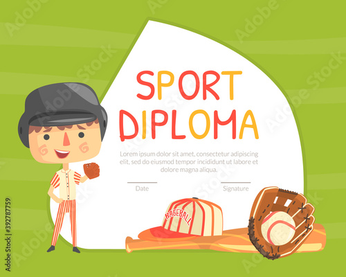 Sport Diploma, Sports Game Participation Certificate in Baseball Tournament Cartoon Vector Illustration