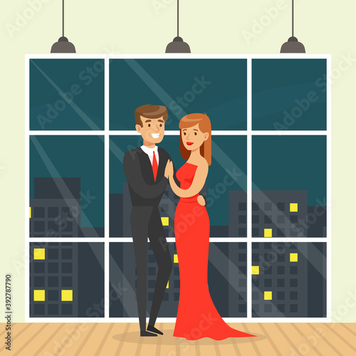 Beautiful Couple Having Romantic Date, Pretty Woman in Elegant Red Dress and Man in Black Suit Dancing Against Background of Night city Outside Window Cartoon Vector Illustration