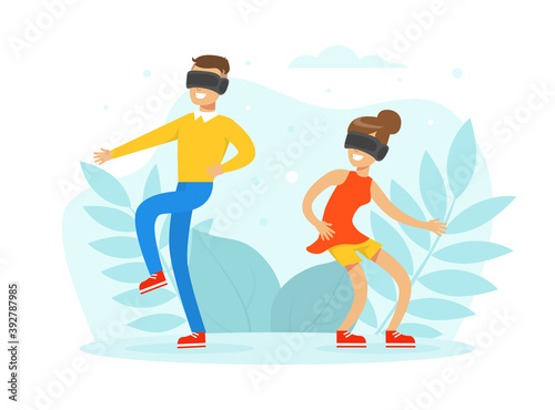 People Learning and Entertaining Wearing Virtual Augmented Reality Glasses, Virtual Reality Concept Cartoon Vector Illustration