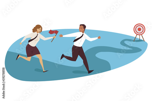 Relay race, targeting, teamwork business concept. Goal achievement and success motivation competition illustration. Team of businessman woman managers cartoon characters leaders runners passing flag.