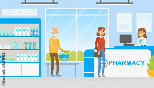 People Buying Tablets and Pills in Pharmacy, Woman Pharmacist Helping them to Choose Medications, Modern Pharmacy and Drugstore Interior Vector Illustration