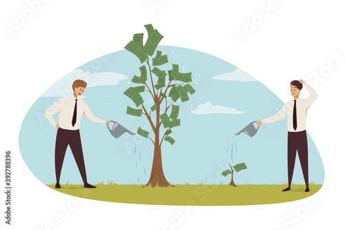 Investment, business, profit growth concept. Businessmen clerks characters investing time money for financial income. Managers pouring water on dollar tree for successful cash revenue big small roi.