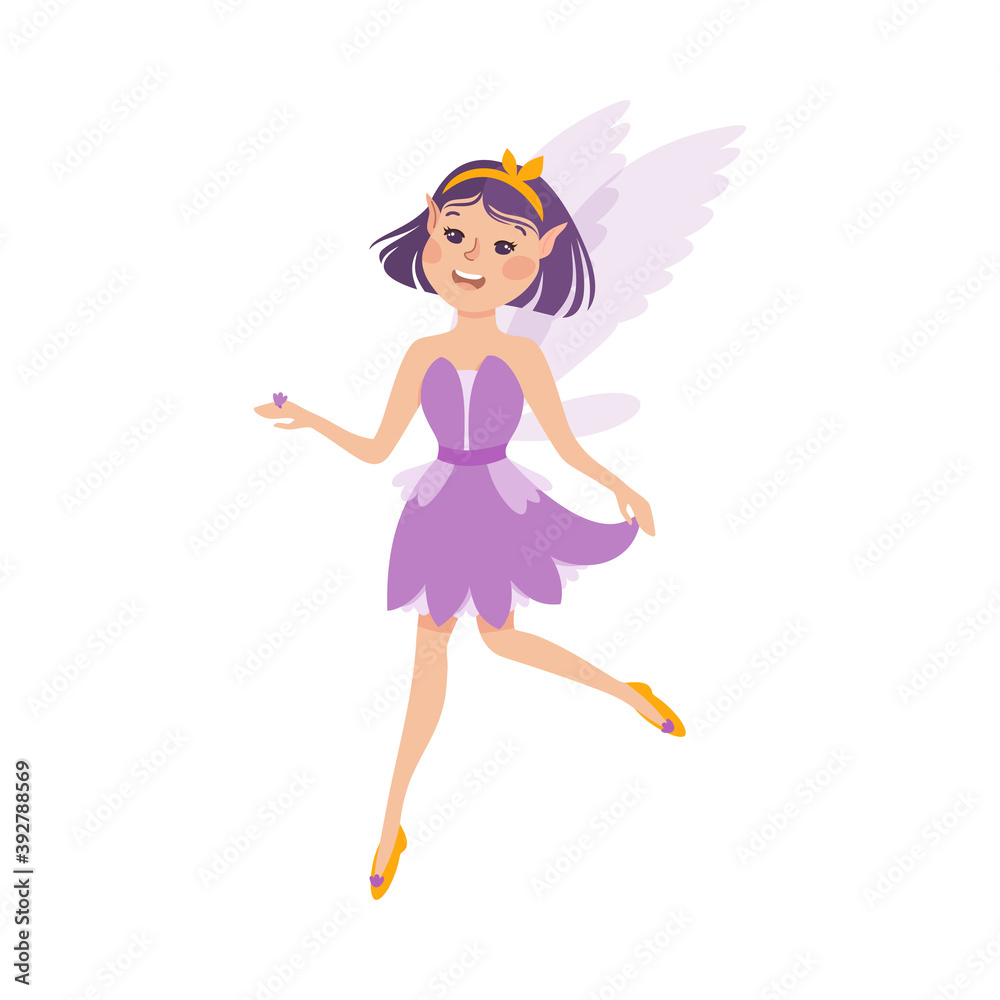 Cute Girl Fairy with Wings, Lovely Winged Elf Princesses in Purple Dress Cartoon Style Vector Illustration