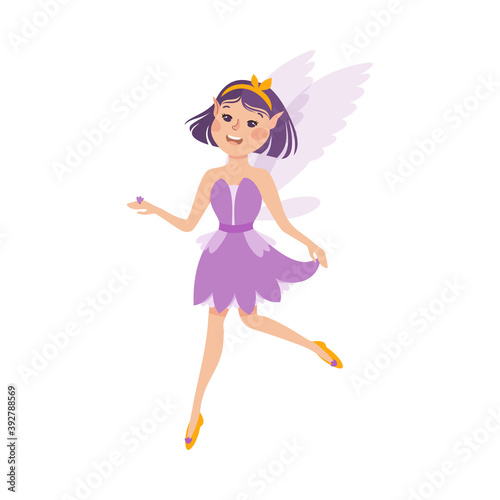Cute Girl Fairy with Wings, Lovely Winged Elf Princesses in Purple Dress Cartoon Style Vector Illustration