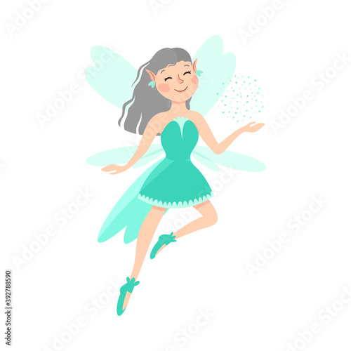 Cute Girl Fairy with Wings, Lovely Winged Elf Princesses in Green Dress Cartoon Style Vector Illustration