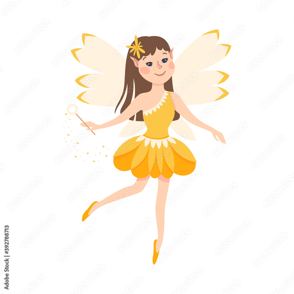 Cute Girl Fairy with Magic Wand, Lovely Flying Winged Elf Princesses in Pretty Dress Cartoon Style Vector Illustration Cute Girl Fairy with Magic Wand, Lovely Flying Winged Elf Princesses in Pretty Dress Cartoon Style Vector Illustration
