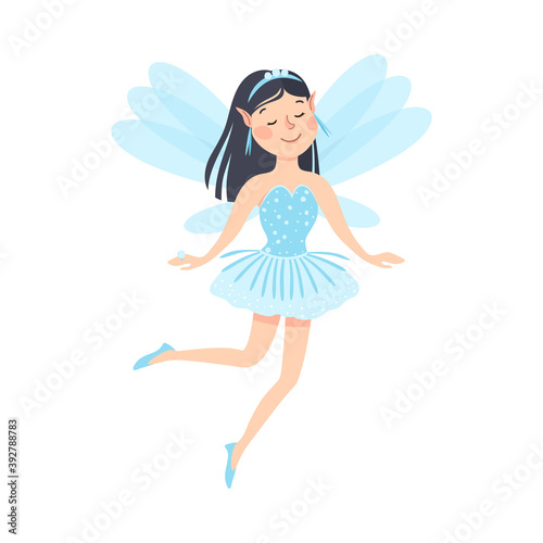Cute Brunette Girl Fairy with Wings, Lovely Winged Elf Princesses in Light Blue Dress Cartoon Style Vector Illustration