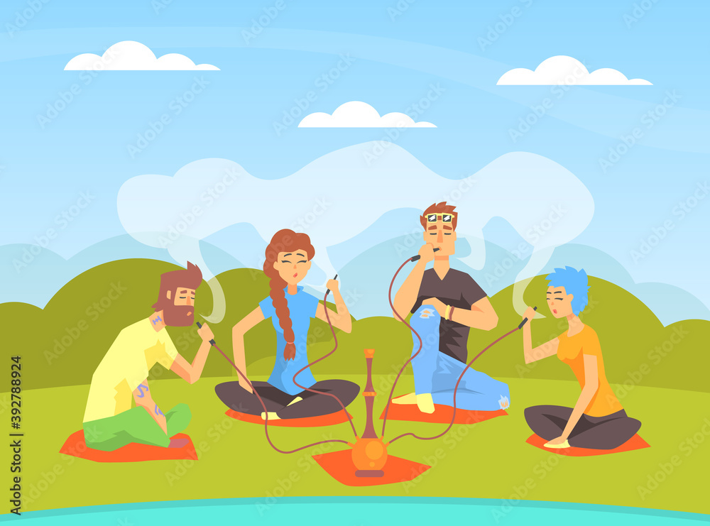 Young People Smoking Hookah while Sitting on Summer Natural Landscape Cartoon Vector Illustration