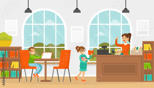 Elementary School Students Choosing and Reading Books, Library Interior with Children and Book Shelves Cartoon Vector Illustration