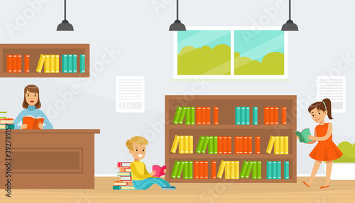 Children Choosing and Reading Books, Library Interior with Elementary School Students Cartoon Vector Illustration