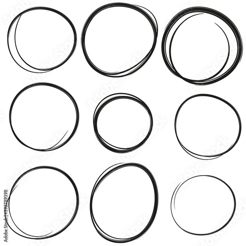 Set hand drawn ovals, felt-tip pen circles. Rough vector doodle frame elements. Black color.