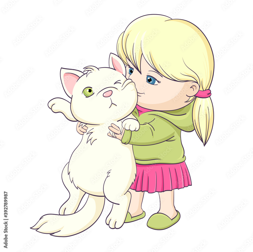 Little girl tightly hugs fat displeased cat Little girl tightly hugs fat displeased cat