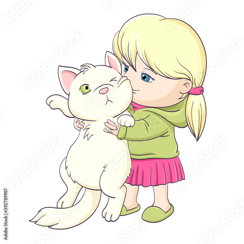 Little girl tightly hugs fat displeased cat