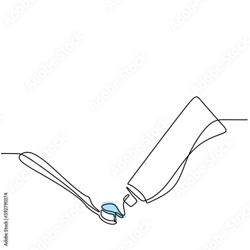 One continuous drawing line toothpaste and brushes with paste on it isolated on white background hand-drawn picture silhouette. Oral or dental hygiene concept. Minimalism design. Vector illustration
