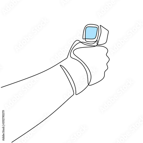 One line drawing of hand's medical staff check body temperature isolated on white background. Visitors must go through fever measures using infrared digital. Vector Illustration COVID-19 symbol.