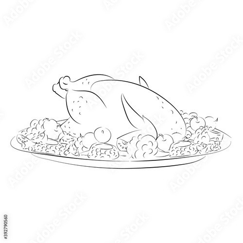 Line Turkey with vegetables on the holiday table isolated on white background. Happy Thanksgiving.