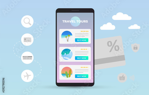 Online travel agency to sale tours. Mobile phone with open site or app with a list of summer vacation on the sea, ocean,  adventure tours to the mountains or holiday with surfing in tropical islands.