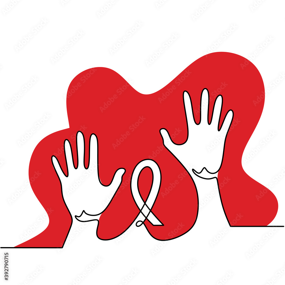 One line drawing of two hands with red ribbon symbol for aids