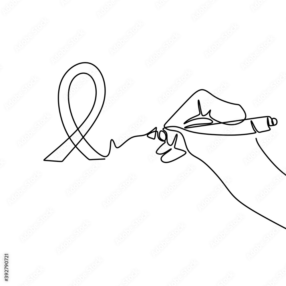 One line drawing of a hand with red ribbon. aids. Hand's people show symbol HIV  Aids