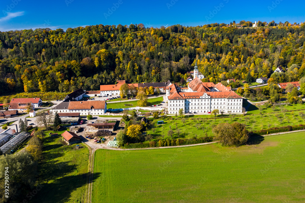 Aerial view Schäftlarn monastery, Isar valley, Upper Bavaria, Bavaria, Germany,