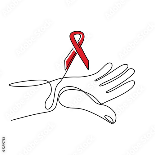 Red ribbon Aids in hands continuous one line drawing. Support hope for cure vector illustration with red loops and lettering. HIV Aids recovery concept. Minimalist style. Vector illustration