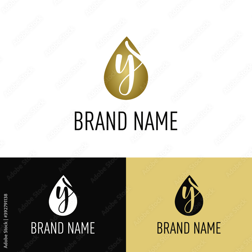 Initial Letter Y in Luxury Golden Water drop / droplet icon. Cosmetic, salon, beauty, olive oil business logo vector concept