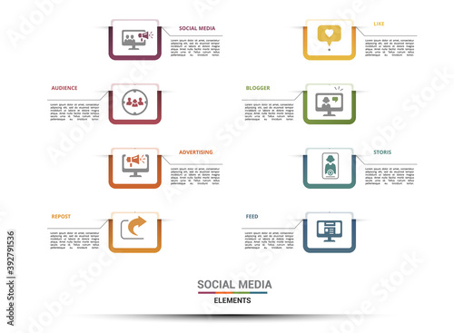 Infographic Social Media template. Icons in different colors. Include Like, Audience, Boosted Post, Feed and others.