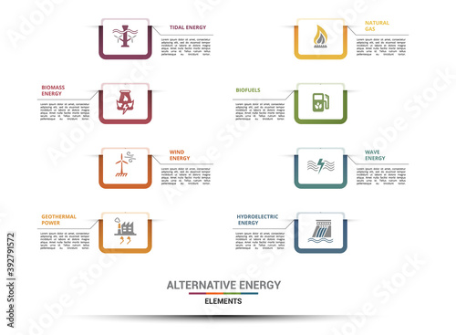 Infographic Alternative Energy template. Icons in different colors. Include Tidal Energy, Biomass Energy, Wind Energy, Geothermal Power and others.