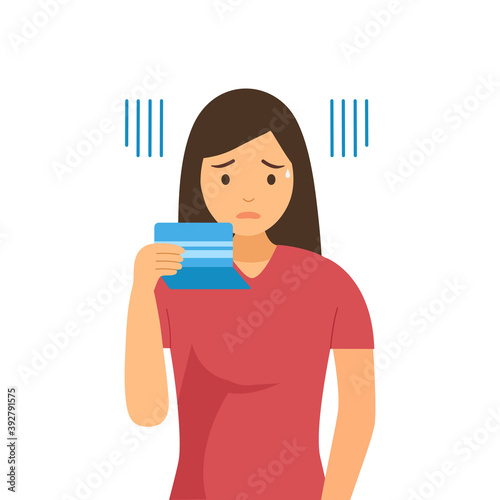 Sad woman looking at her bank account in flat design. Not enough money. Poor finance concept vector illustration on white background.