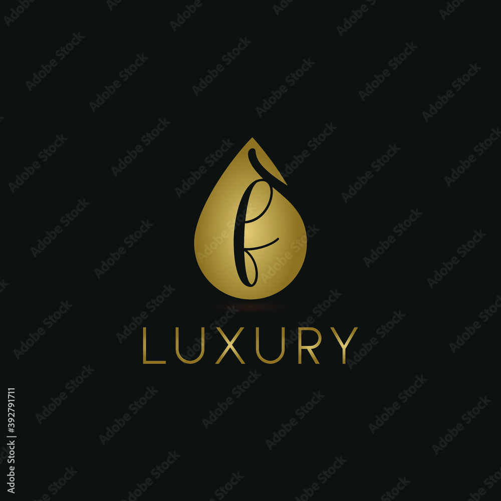 Initial Letter F in Luxury Golden Water drop / droplet icon. Cosmetic, salon, beauty, olive oil business logo vector concept