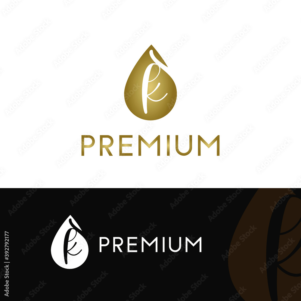 Initial Letter K in Luxury Golden Water drop / droplet icon. Cosmetic, salon, beauty, olive oil business logo vector concept