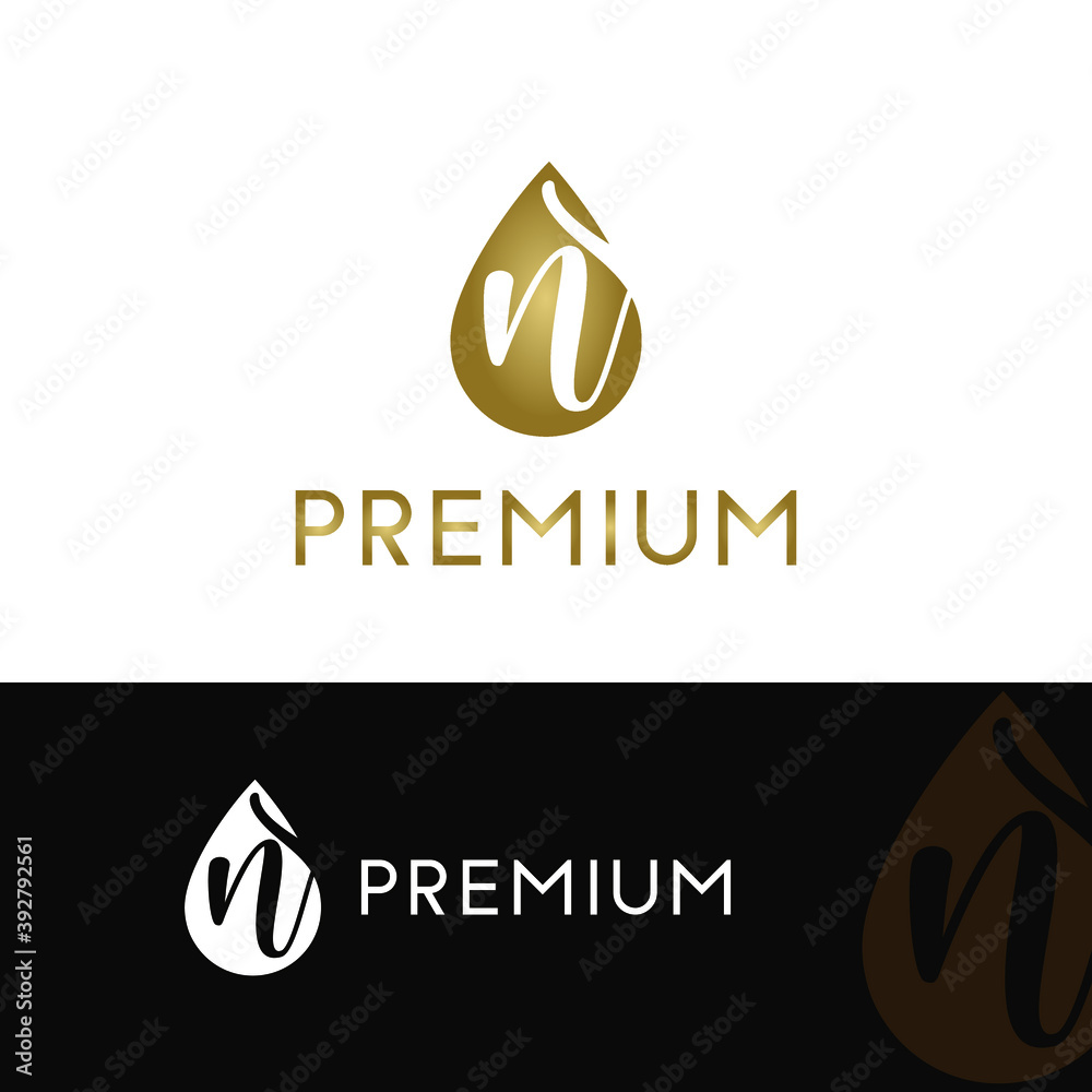 Initial Letter N in Luxury Golden Water drop / droplet icon. Cosmetic, salon, beauty, olive oil business logo vector concept