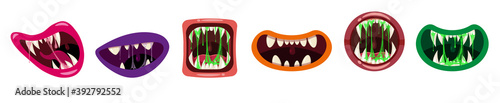 Set Monsters mouths creepy and scary. Funny jaws teeths tongue creatures expression monster horror saliva slime