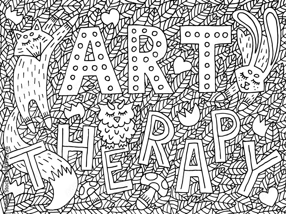 Coloring page for art therapy. Cute forest drawing with fox, hare and owl. Vector illustration.