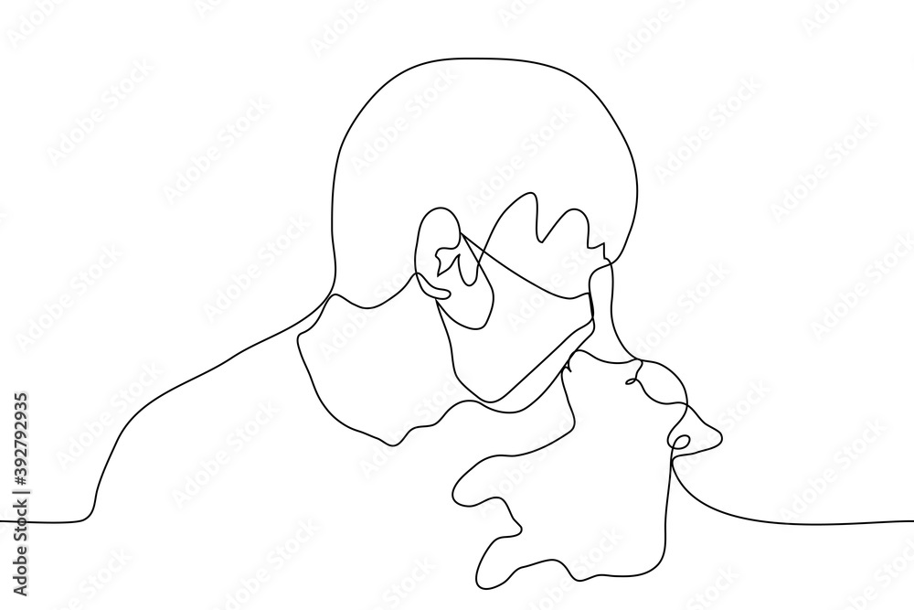 man in a mask kisses a puppy. one line drawing of a dog lover squeezing a small dog.